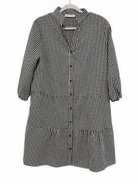 CCTOO Black & White Gingham Button-Front Midi Dress tiered babydoll Medium